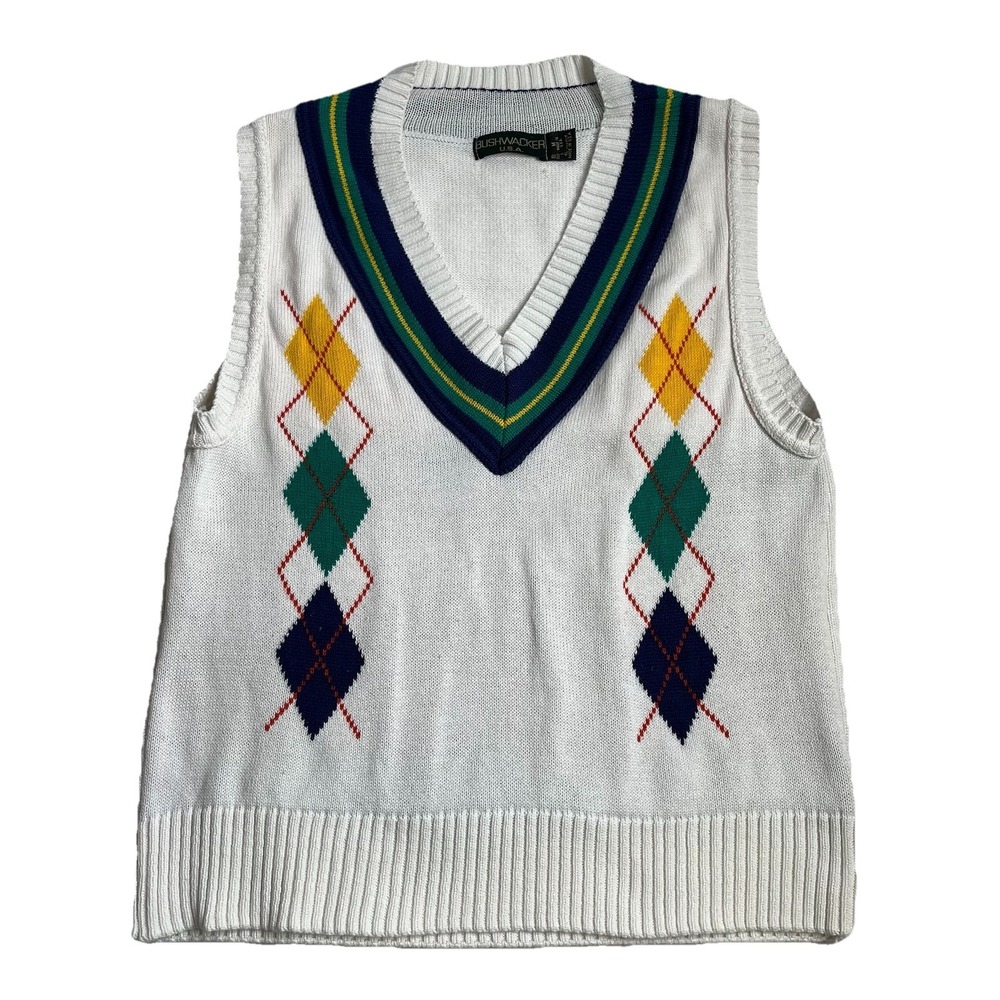 Vintage Bushwhacker USA Sweater Vest Women's M White Argyle Tennis Pickleball